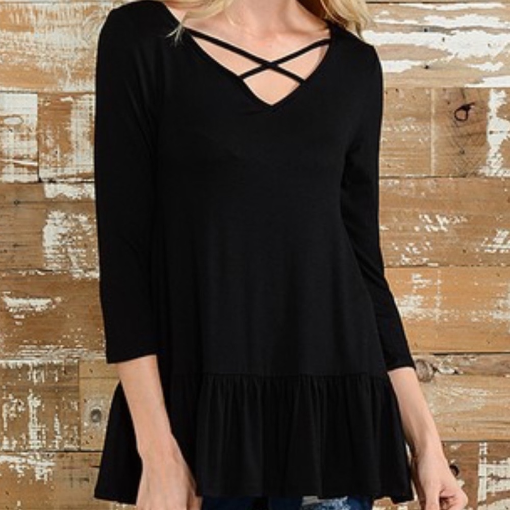 CRISS CROSS TUNIC WITH RUFFLE HEM and 3/4 sleeves